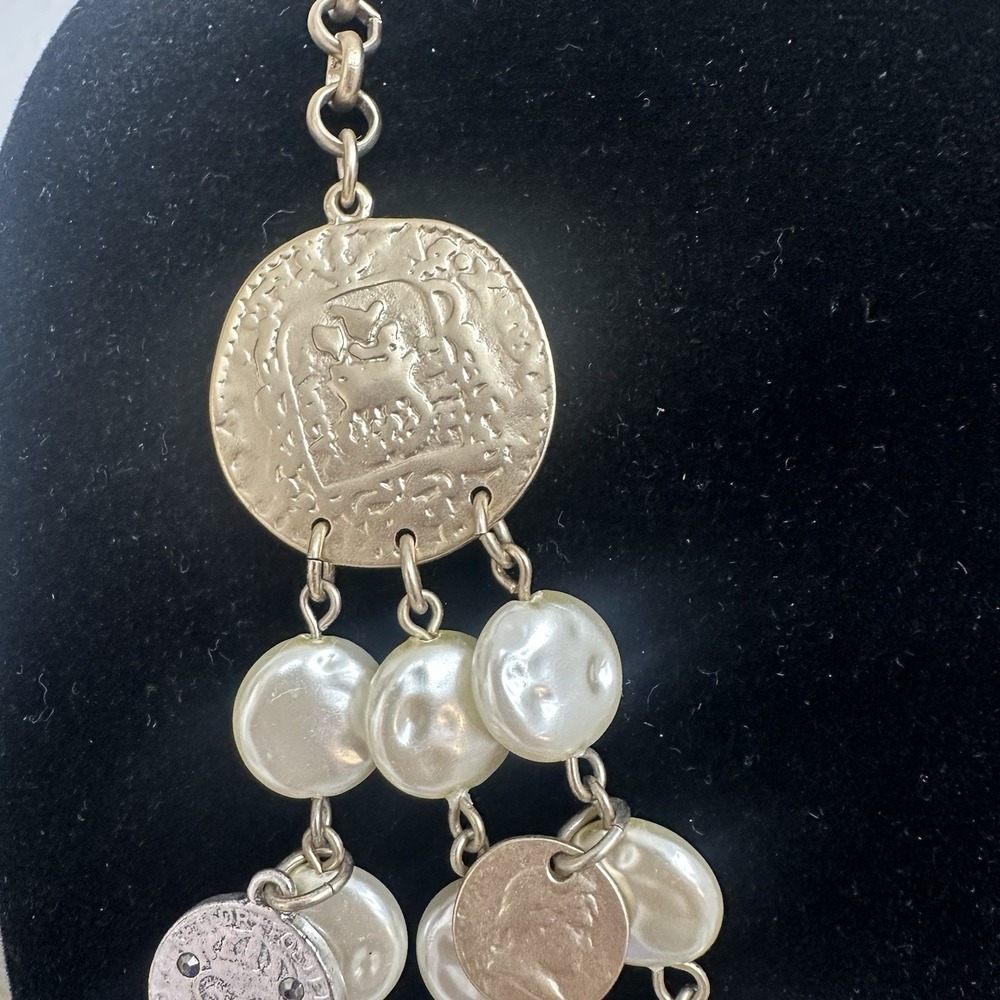 Vintage Set Necklace & Earrings Chico's Silver Gold Pearls Coin Charms 3 Strand - Picture 8 of 15